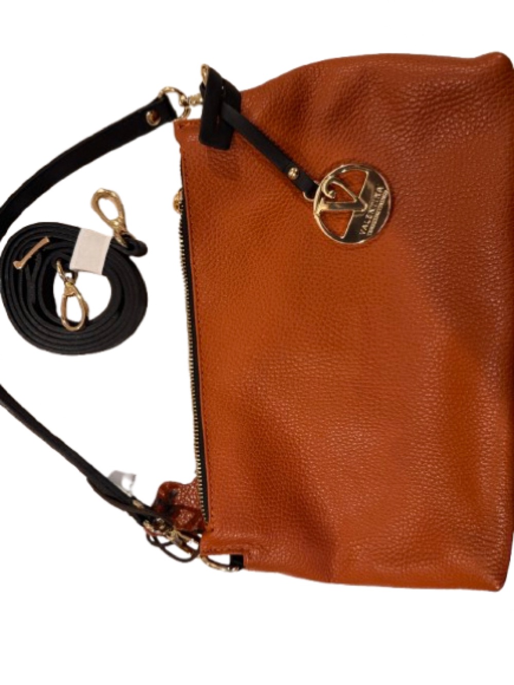 Valentina Cognac Brown Crossbody Bag with Black Strap and Gold Hardware